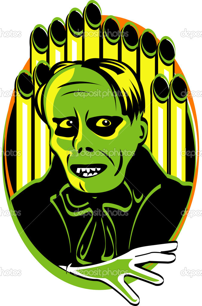 Green phantom standing in front of pipes of an organ