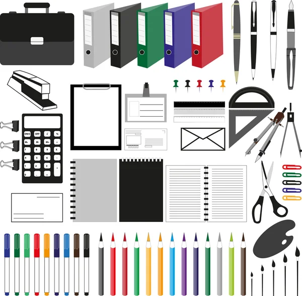 Carnet vectoriel, stylos, pinceaux, outils et autres accessoires de bureau et d'art — Image vectorielle