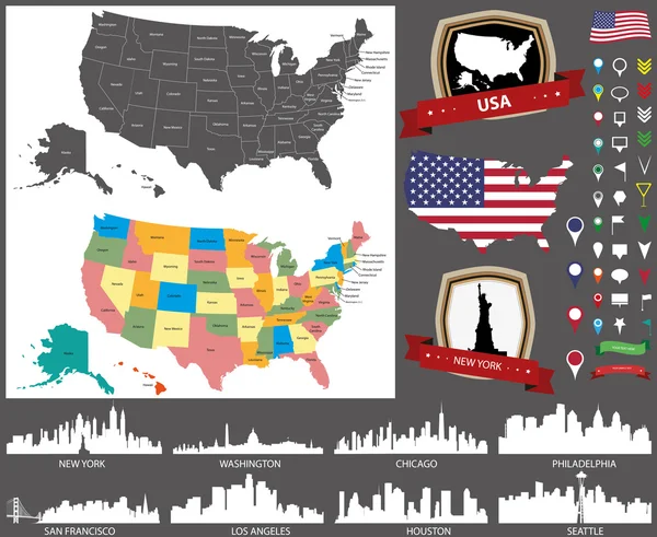 Estados Unidos mapa com as principais cidades silhuetas conjunto — Vetor de Stock