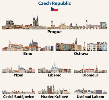 Çek Cumhuriyeti 'nin ana şehirleri soyut siluetleri. Vektör koleksiyonu