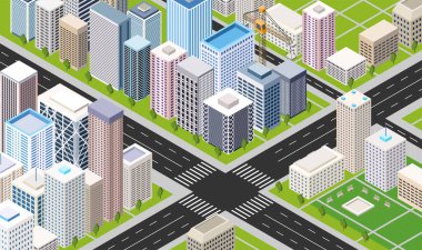 Isometric kentsel sokak binaları vektör illüstrasyonu