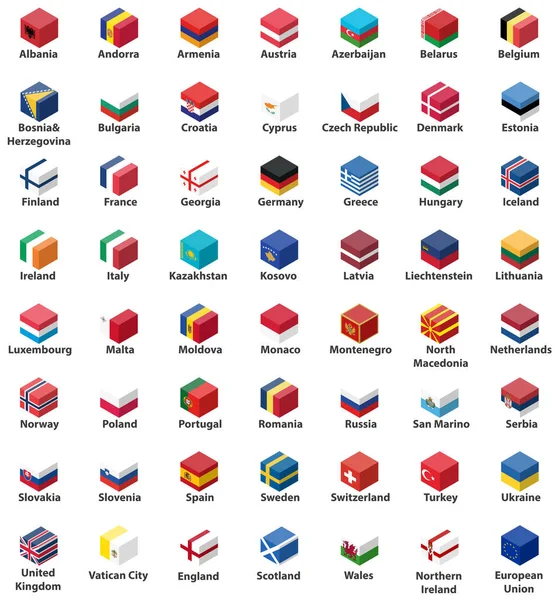 Flagi Wszystkich Krajów Europejskich Zestawie Wektorów Izometrycznych Projektu Sześcianu — Wektor stockowy