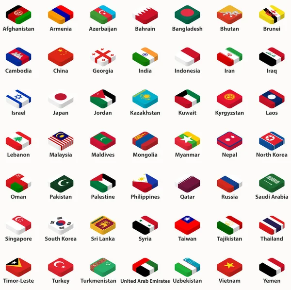 Todos Los Países Asiáticos Banderas Isométrico Superior Diseño Vector Conjunto — Vector de stock