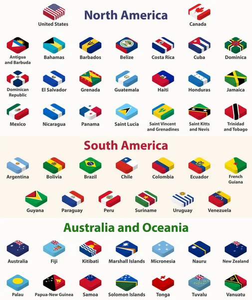 Bandiere Dei Paesi Nordamericani Sudamericani Australiani Oceania Nel Design Isometrico — Vettoriale Stock