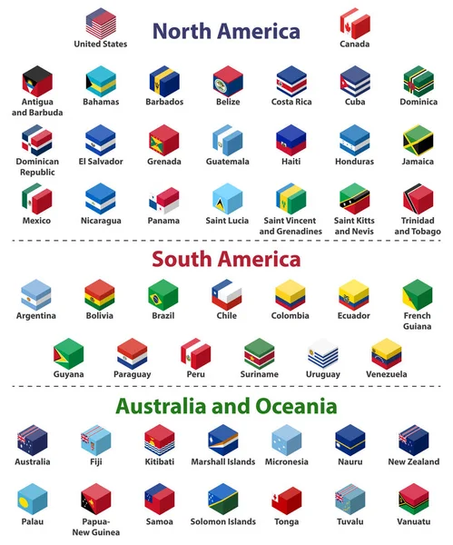 Észak Amerika Dél Amerika Ausztrália Óceán Minden Ország Lobogója Kocka Stock Vektor