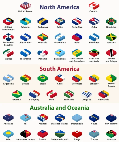 North American South American Australia Oceania Countries Flags Isometric Top Royalty Free Stock Vectors