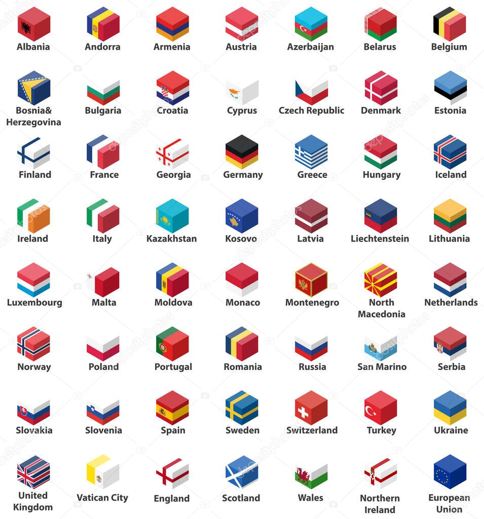 all european countries flags in cube isometric design vector set