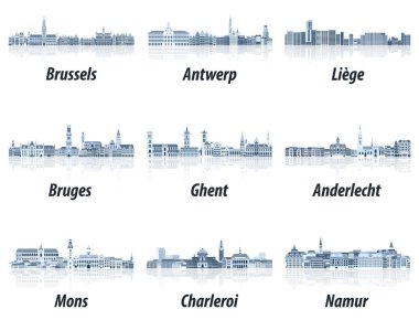 Belgium main cities cityscapes in tints of blue color palette. Crystal aesthetics style clipart