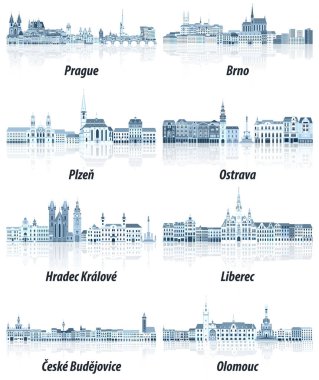 Czech Republic main cities cityscapes in tints of blue color palette. Crystal aesthetics style clipart