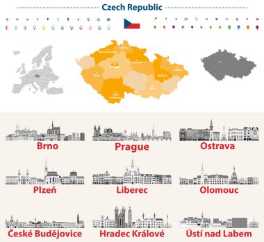 Czech skylines in grayscale color palette. Flag and map of Czech Republic clipart