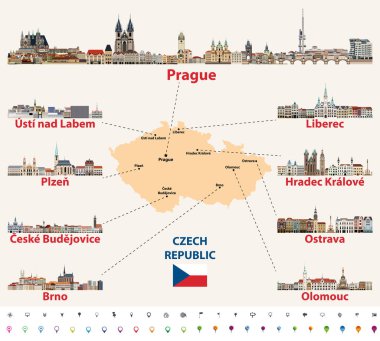 Çek Cumhuriyeti haritasında ana şehirler siluet çizgisi çizimi