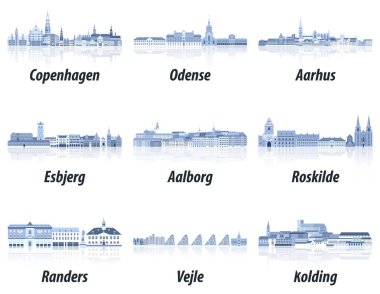 Denmark main cities cityscapes in tints of blue color palette. Crystal aesthetics style clipart
