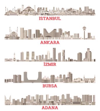 Türkiye 'nin en büyük kentlerinde sepia renk paletinde siluet çizgisi vektörü belirlendi