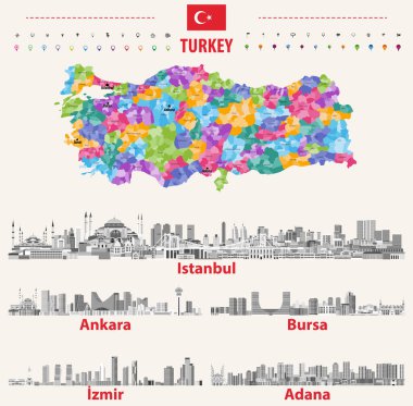 Gri tonlu Türk gökdelenleri. Türkiye bayrağı ve haritası