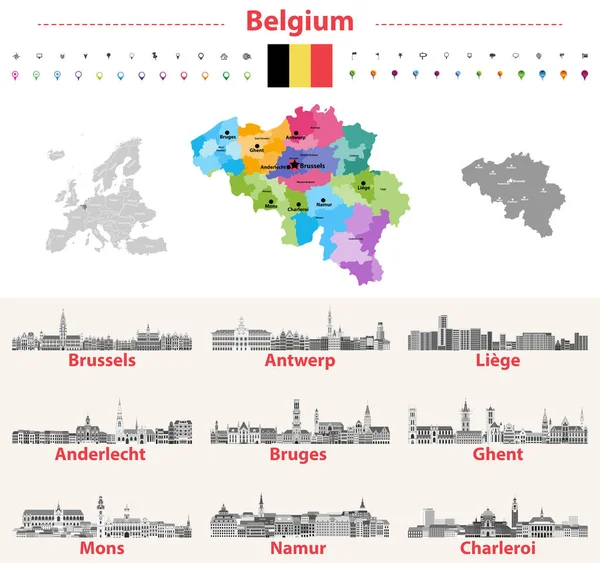 Belgique Carte Avec Les Principales Villes Skylines Illustrations Vectorielles — Image vectorielle