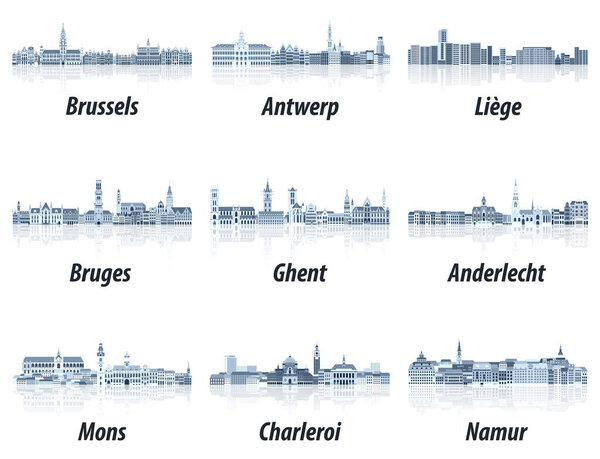 Belgium main cities cityscapes in tints of blue color palette. Crystal aesthetics style