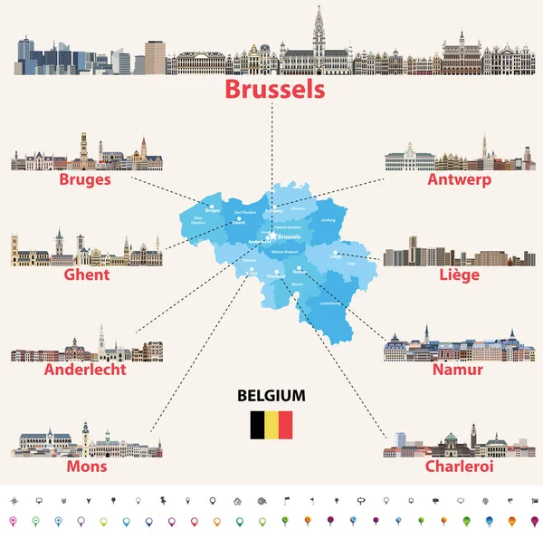 ベルギー地図と主な都市スカイラインベクトルセット — ストックベクタ