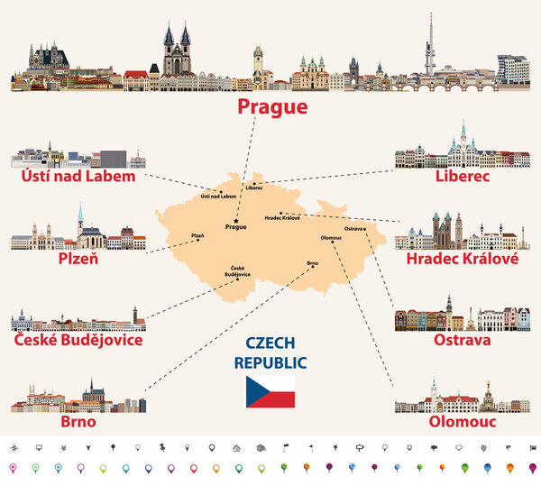 Map of Czech Republic with main cities skylines vector illustration