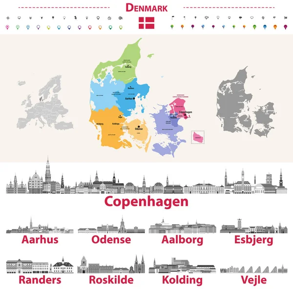 Skylines Daneses Escala Grises Paleta Colores Bandera Mapa Dinamarca — Vector de stock