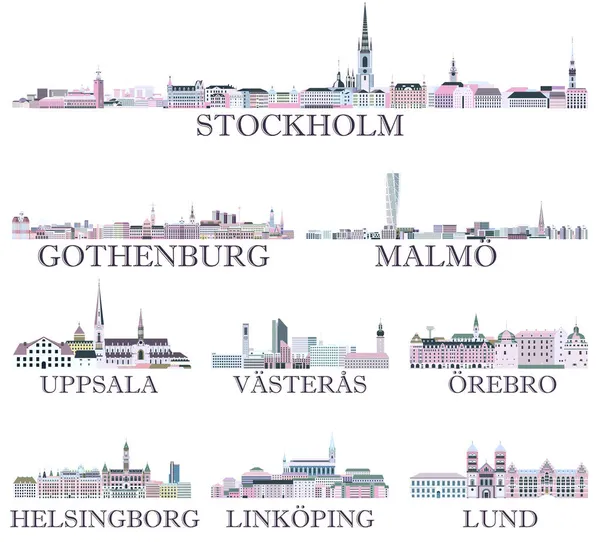 Svéd Városok Skylines Ikonok Gazdag Pasztell Fényes Színes Paletta Varázslatos — Stock Vector