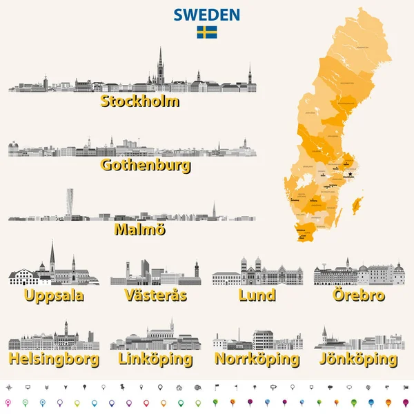 Skylines Suecos Escala Grises Paleta Colores Bandera Mapa Suecia — Vector de stock