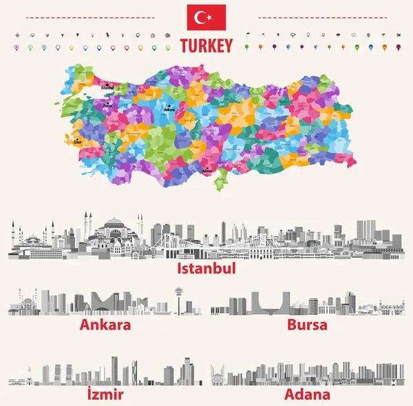Turkiska Skylines Gråskala Färgpalett Flagga Och Karta Över Turkiet — Stock vektor