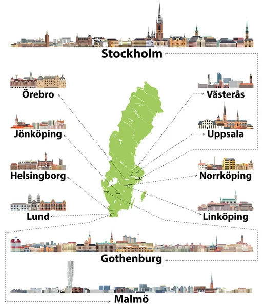 Svédország Térkép Főbb Városok Rajta Skylines Részletes Illusztrációk — Stock Vector