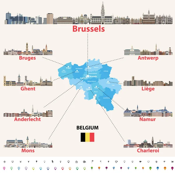 Belgium Map Main Cities Skylines Vector Set Стокова Ілюстрація