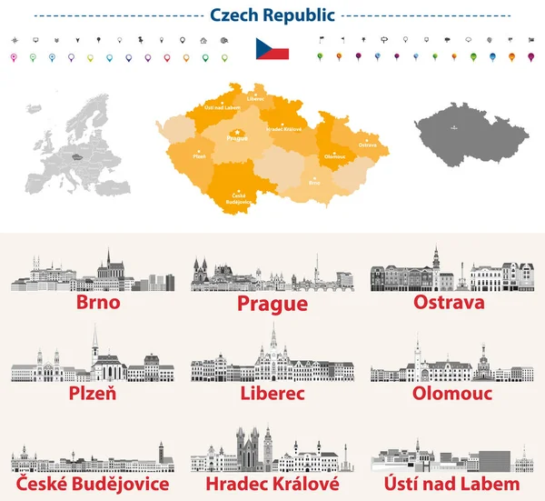 Skylines Checos Escala Grises Paleta Colores Bandera Mapa República Checa Ilustración De Stock