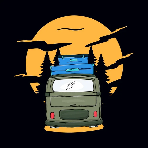 Night Adventure Travel Van Car Design Shirt — Stock Vector
