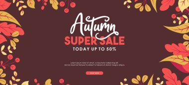 Sonbahar indirimi arka plan düzeni alışveriş satışı veya tanıtım afişi ve çerçeve broşürü veya web afişi için yapraklarla dekore edilir. Vektör illüstrasyon şablonu.