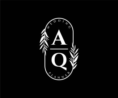 AQ Baş harfleri Düğün monogramı logoları, davetiye kartları için el çizimi modern minimalist ve çiçekli şablonlar, Tarihi Kaydet, restoran, butik, kafe için zarif bir kimlik