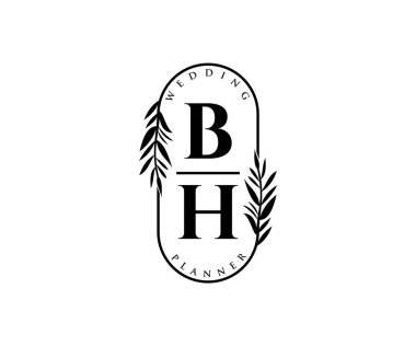 BH Baş harfleri Düğün monogram logoları koleksiyonu, davetiye kartları için el çizimi modern minimalist ve çiçekli şablonlar, Tarihi Kaydet, restoran, butik, kafe için zarif bir kimlik