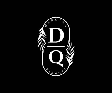 DQ Baş harfleri Düğün monogramı logoları, davetiye kartları için el çizimi modern minimalist ve çiçekli şablonlar, Tarihi Kaydet, restoran, butik, kafe için zarif kimlik