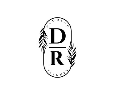 DR Baş harfleri Düğün monogramı logoları, davetiye kartları için el çizimi modern minimalist ve çiçekli şablonlar, Tarihi Kaydet, restoran, butik, kafe için zarif kimlik