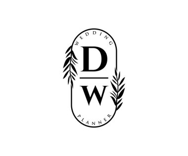 DW Baş harfleri Düğün monogramı logoları, davetiye kartları için el çizimi modern minimalist ve çiçekli şablonlar, Tarihi Kaydet, restoran, butik, kafe için zarif kimlik