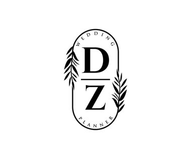 DZ Baş harfleri Düğün monogramı logoları, davetiye kartları için el çizimi modern minimalist ve çiçekli şablonlar, Tarihi Kaydet, restoran, butik, kafe için zarif kimlik
