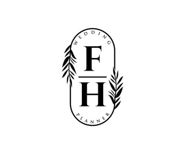 FH Baş harfleri Düğün monogramı logoları, davetiye kartları için el çizimi modern minimalist ve çiçek şablonları, Tarihi Kaydet, restoran, butik, kafe için zarif kimlik