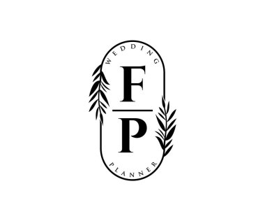 FP Baş harfleri Düğün monogramı logoları, davetiye kartları için el çizimi modern minimalist ve çiçekli şablonlar, Tarihi Kaydet, restoran, butik, kafe için zarif kimlik