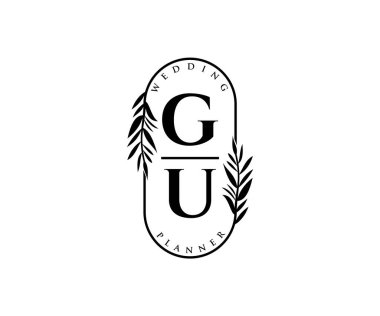 GU Baş harfleri Düğün monogramı logoları, davetiye kartları için el çizimi modern minimalist ve çiçekli şablonlar, Tarihi Kaydet, restoran, butik, kafe için zarif kimlik