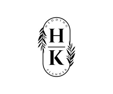 HK Baş harfleri Düğün monogramı logoları, davetiye kartları için el çizimi modern minimalist ve çiçekli şablonlar, Tarihi Kaydet, restoran, butik, kafe için zarif kimlik