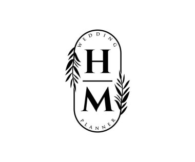 HM Baş harfleri Düğün monogramı logoları, davetiye kartları için el çizimi modern minimalist ve çiçekli şablonlar, Tarihi Kaydet, restoran, butik, kafe için zarif kimlik