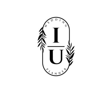 IU Baş harfleri Düğün monogramı logoları, davetiye kartları için el çizimi modern minimalist ve çiçekli şablonlar, Tarihi Kaydet, restoran, butik, kafe için zarif kimlik