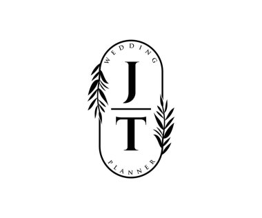 JT Baş harfleri Düğün monogramı logoları, davetiye kartları için el çizimi modern minimalist ve çiçekli şablonlar, Tarihi Kaydet, restoran, butik, kafe için zarif bir kimlik