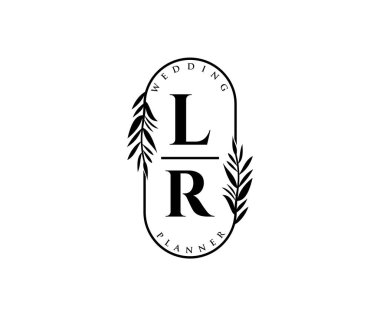 LR Baş harfleri Düğün monogramı logoları, davetiye kartları için el çizimi modern minimalist ve çiçekli şablonlar, Tarihi Kaydet, restoran, butik, kafe için zarif bir kimlik