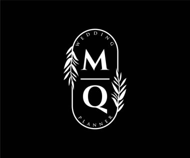 MQ Baş harfleri Düğün monogramı logoları, davetiye kartları için el çizimi modern minimalist ve çiçekli şablonlar, Tarihi Kaydet, restoran, butik, kafe için zarif bir kimlik