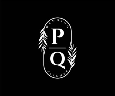 PQ Baş harfleri Düğün monogramı logoları, davetiye kartları için el çizimi modern minimalist ve çiçekli şablonlar, Tarihi Kaydet, restoran, butik, kafe için zarif kimlik