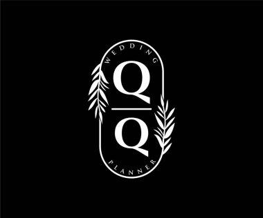 QQ Baş harfleri Düğün monogram logoları, davetiye kartları için el çizimi modern minimalist ve çiçekli şablonlar, Tarihi Kaydet, restoran, butik, kafe için zarif kimlik