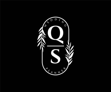 QS Baş harfleri Düğün monogram logoları, davetiye kartları için el çizimi modern minimalist ve çiçekli şablonlar, Tarihi Kaydet, restoran, butik, kafe için zarif kimlik