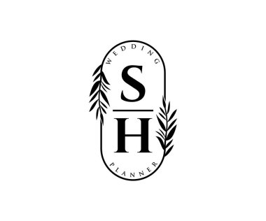 SH Baş harfleri Düğün monogramı logoları, davetiye kartları için el çizimi modern minimalist ve çiçek şablonları, Tarihi Kaydet, restoran, butik, kafe için zarif kimlik